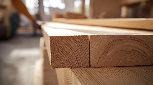 Stack of Wooden Planks in a Workshop