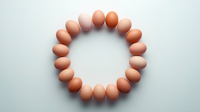 Fresh brown eggs in a circular pattern on white, symbolizing simplicity and natural harmony.