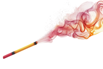 A single lit match ignites the night with plumes of colorful ethereal smoke dancing and on transparent background
