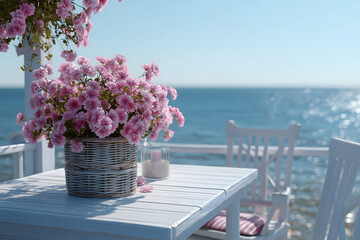 Pink flowers blooming in vases on white table and bench, sweet summer decorations for a lovely celebration and seaside restaurant in summer season