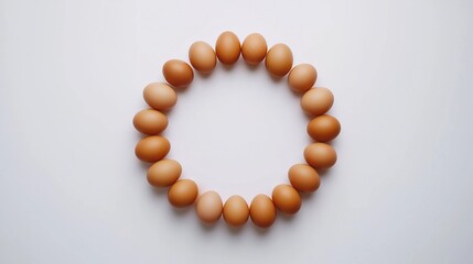 Obraz premium Fresh brown eggs in a circular pattern on white, symbolizing simplicity and natural harmony.