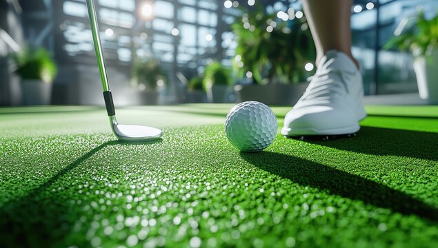 Close-up of a golfer's foot poised over a golf ball, club in foreground,  modern indoor golf setting