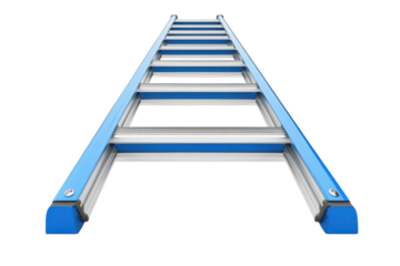 A sturdy blue and silver ladder reaches upward symbolizing ambition and growth against a stark on transparent background