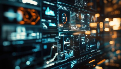 Fototapeta premium Close-up of a futuristic digital dashboard with multiple data displays