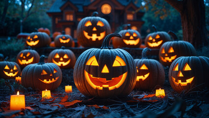 Glowing jack o' lanterns illuminate spooky halloween night