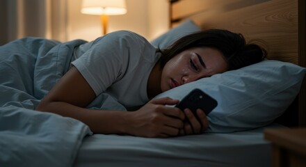 Person using smartphone in bed at night