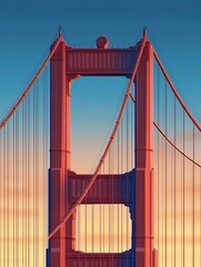 A stylized illustration of a large red suspension bridge's central tower at sunrise, with a soft gradient sky