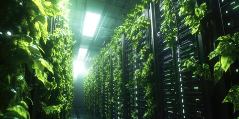 Green plants grow amongst server racks in a futuristic data center