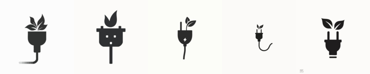 Eco Energy Plug Icon - Sustainable Electricity Symbol with Leaf Design in Flat Minimal Style
