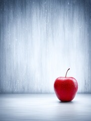Red Apple Minimalist Still Life - A single, glistening red apple sits on a light gray textured surface against a muted blue background. This symbolizes simplicity, purity, health, knowledge