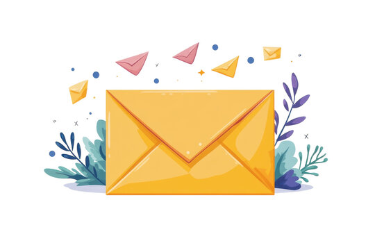 An inviting golden envelope surrounded by floating letters promises of heartfelt on transparent background