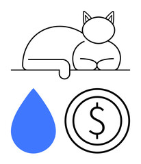 Cat resting calmly, blue water droplet, and dollar coin, emphasizing comfort, sustainability, and financial goals. Ideal for pet care, economy, nature finance minimalism and environment simple