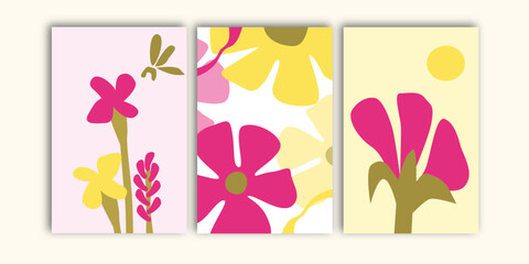 Aesthetic hand drawn florals wall art set collection. Flowers wall print vector art. Good for home decoration, wall decor, wall decoration and wallpaper.