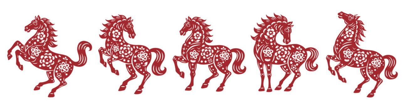 2026 Chinese New Year Zodiac set, Traditional Red Paper Cut Style Horse with Floral Patterns on White
