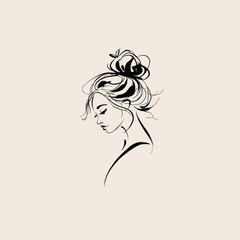 An elegant line art illustration of a woman with a messy bun hairstyle in profile view. The design is minimalistic and simple, with clean lines and a solid, minimal background