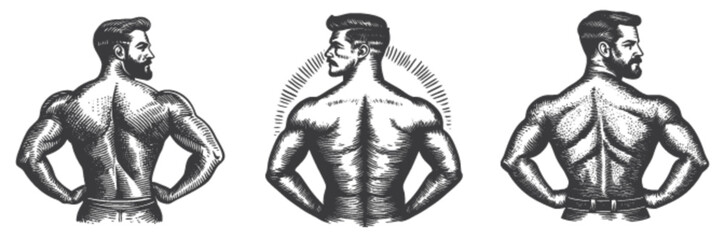 Vintage Engraving of Male Bodybuilder Back View in Three Poses