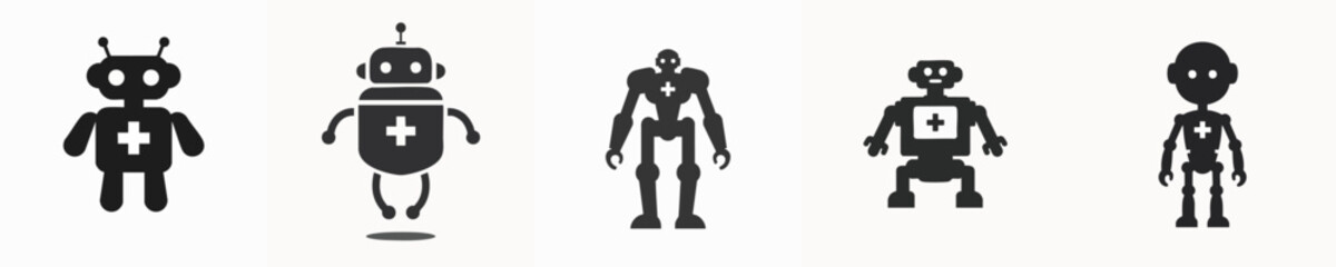 Flat Vector Icon Set of Medical Robot Silhouettes for Healthcare Technology Illustration