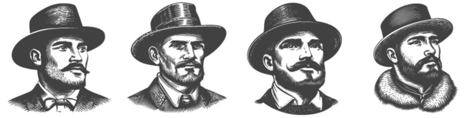 Obraz premium Vintage Engraving of Four Distinguished Male Portraits in Hats