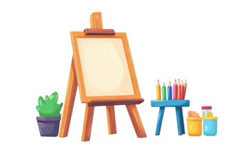 Embracing artistic passion with a blank canvas on a rustic wooden easel surrounded by colorful on transparent background