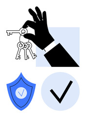 Hand presenting keys, blue shield with checkmark, and isolated check icon. Ideal for security, access, control, property management, trust, verification and simple landing page
