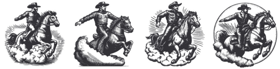 Fototapeta premium Classic Cowboy Woodcut Style Engravings of Equestrian Action Scenes
