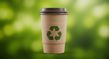 Recyclable coffee cup with recycle symbol on green background.