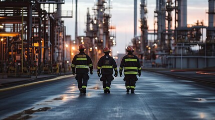 Firefighters Walking on Industrial Road at Dawn in Petroleum Plant