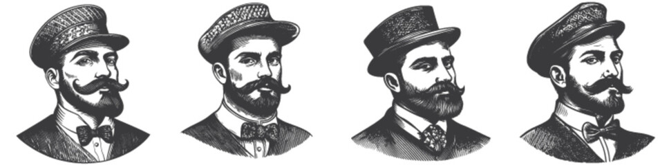 Vintage Engravings of Stylish Men in Different Hats and Attires