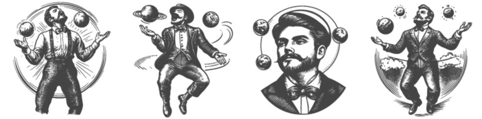 Vintage Engravings of Elegant Men Juggling Planets in Vector Style