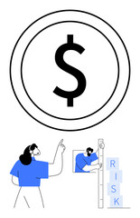 Fototapeta premium Woman examining financial growth using risk-measurement blocks and large dollar symbol. Ideal for finance, investment, business analytics, risk management, economic growth, planning, simple landing