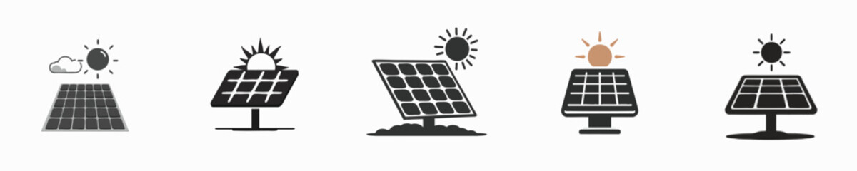 Flat Solar Panel Icon Set with Sun – Clean Vector Energy Concept Design