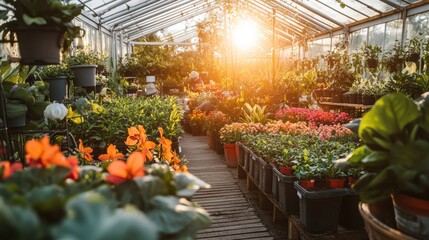 Vibrant Greenhouse Filled with Colorful Flowers and Sunlight