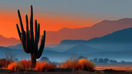 Desert sunset action with cactus plant in nature landscape peaceful environment aesthetic viewpoint