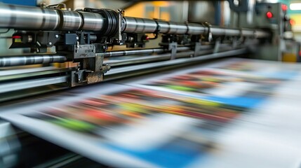 High-Speed Printing Press in Action with Colorful Prints Blurring