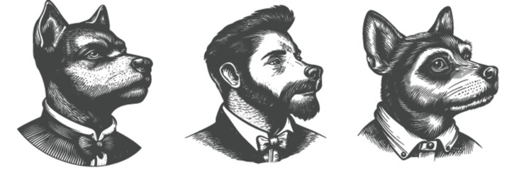 Vintage Engraving of Stylized Dog and Man Portraits in Classic Fashion