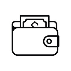 Line art icon depicting a wallet containing a single banknote.  Simple and clean design.