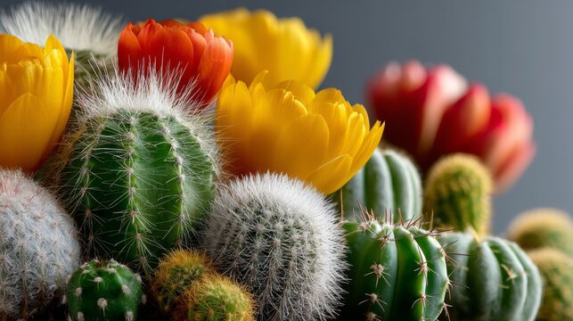 Vibrant cactus plants in colorful blooms nature photography indoor setting close-up view botanical concept