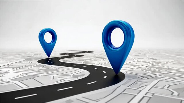 Two blue location pins on the road show destination points and route planning, perfect for search location and smart map travel journey visuals