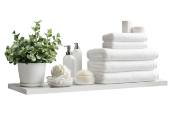 Serene bathroom scene with fresh white towels elegant accessories and lush greenery creating a on transparent background