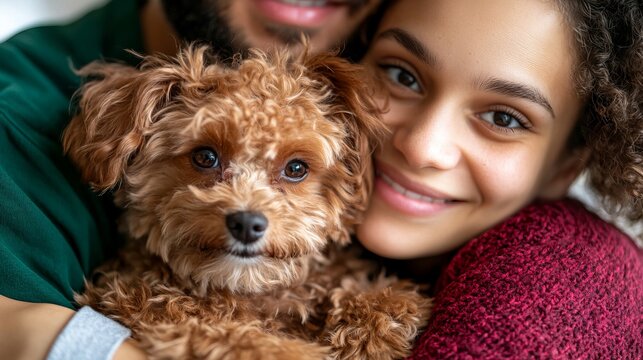 Small brown dog is hugged by smiling woman and man, showing affection and closeness.