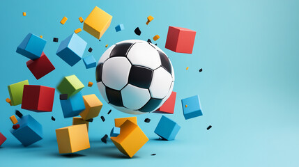 Dynamic soccer ball surrounded by colorful cubes, representing play and excitement.