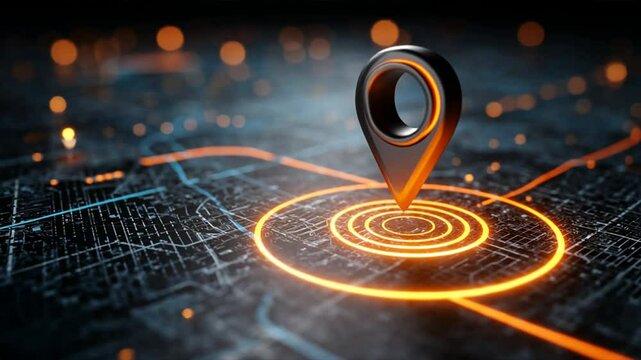 Red location pin sits on digital map showing search location and navigation locator function for finding places on interactive screen