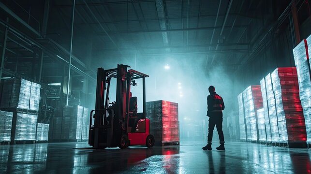 Dramatic Warehouse Scene with Forklift and Worker in Foggy Atmosphere