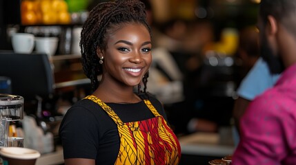 Smiling barista is standing behind the counter wearing a patterned apron at a coffee shop.