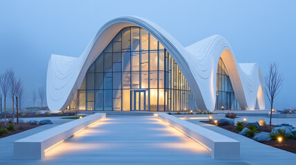 Obraz premium Modern Wavy - roof Building with Glass Facade