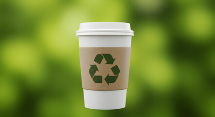 Recyclable coffee cup with recycle symbol on kraft sleeve against a blurred green background.