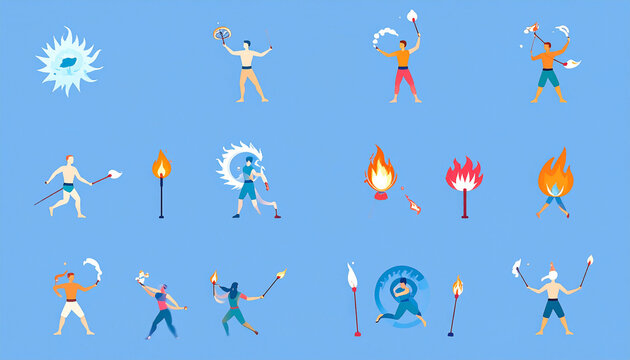 Diverse figures manipulate fire and ice elements, exhibiting dynamic poses and skillful control over flaming torches and swirling icy energy