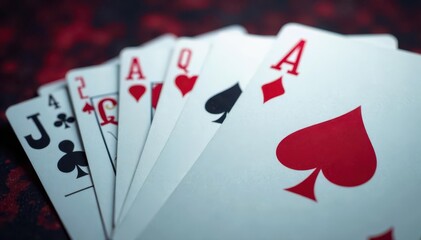 Playing cards arranged in a neat ace sequence , aces, macro, suits