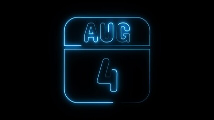 Glowing neon 4 august icon isolated on black background.a neon sign with a calendar that says "4 DAYS". HD Video motion graphic animation