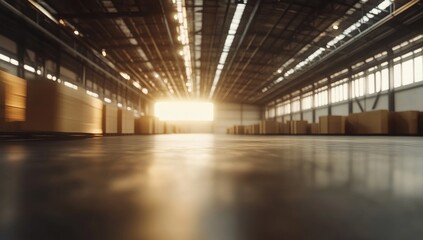Industrial warehouse interior, sunlit